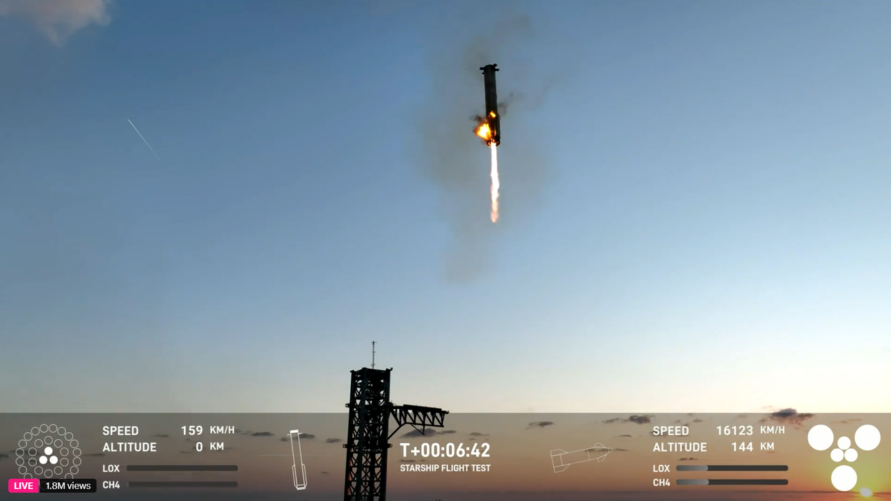 SpaceX Starship Flight 5 Super Heavy lands at Mechazilla