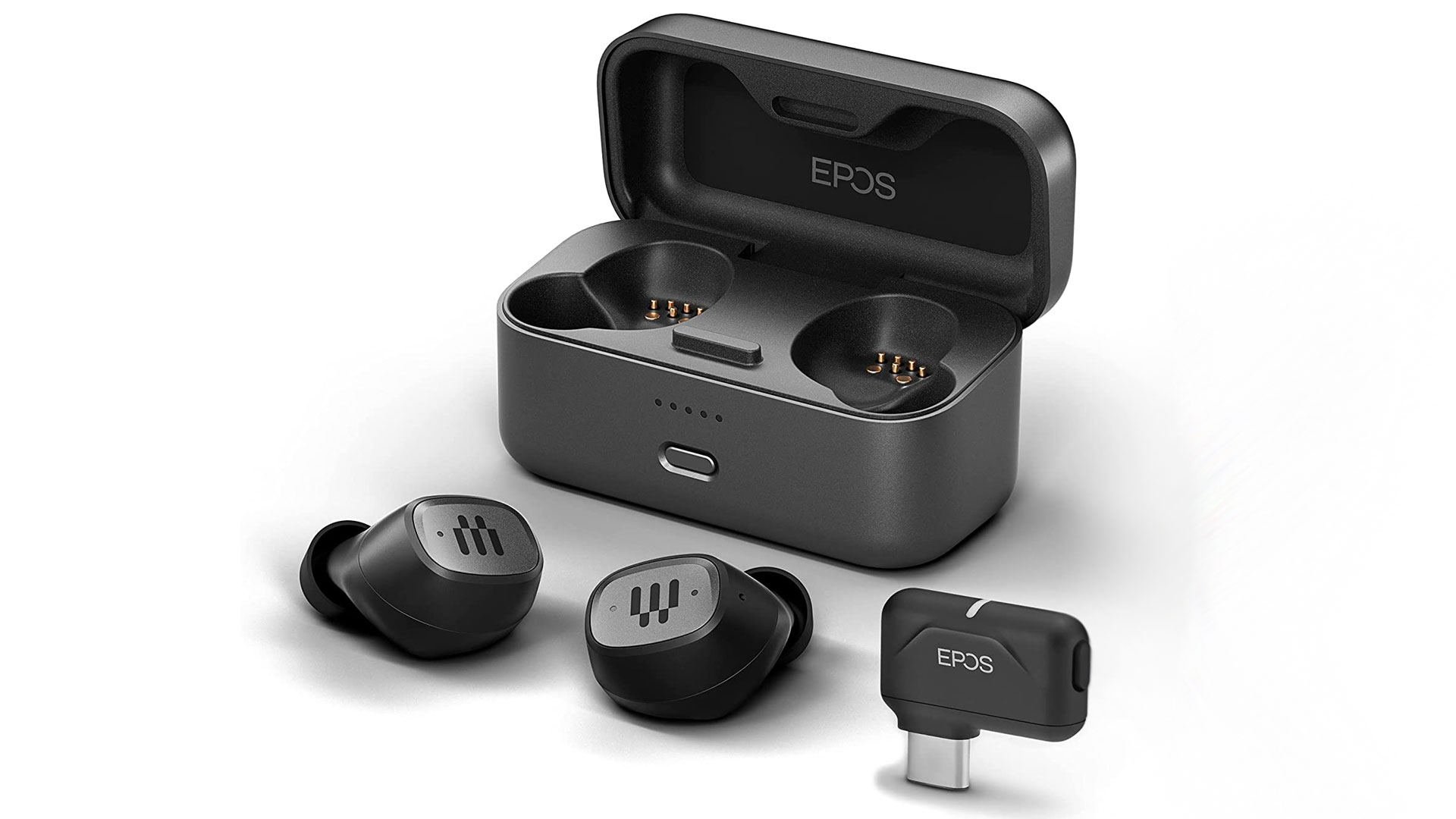 The GTW 270 Hybrid earbuds, with their USB-C dongle.