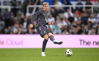 NEWCASTLE UPON TYNE, ENGLAND - JUNE 03: England player Jarrad Branthwaite in action during the international friendly match between England and Bosnia & Herzegovina at St James' Park on June 03, 2024 in Newcastle upon Tyne, England. (Photo by Stu Forster/Getty Images)