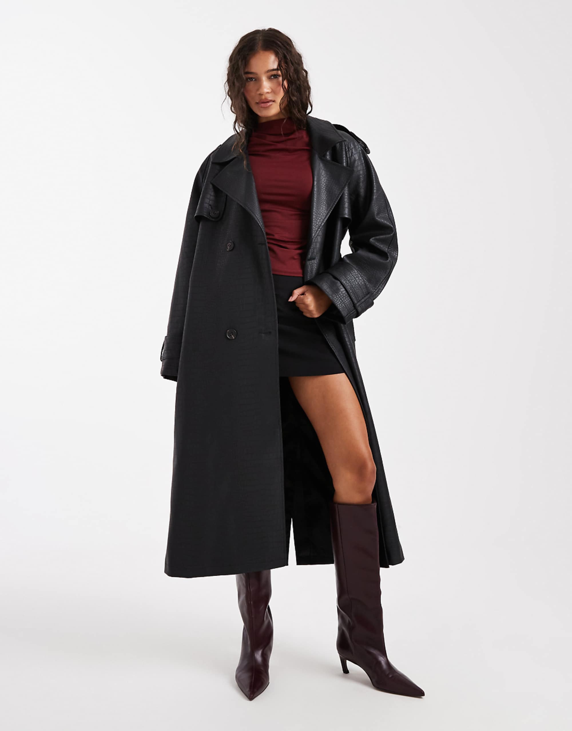 Miss Selfridge Crackled Faux Leather Trench Coat in Black