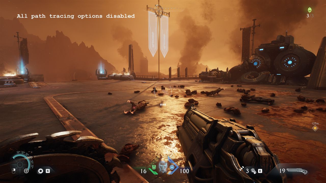 A screenshot of the PC version of Doom: The Dark Ages, showing the visual impact of using standard ray tracing