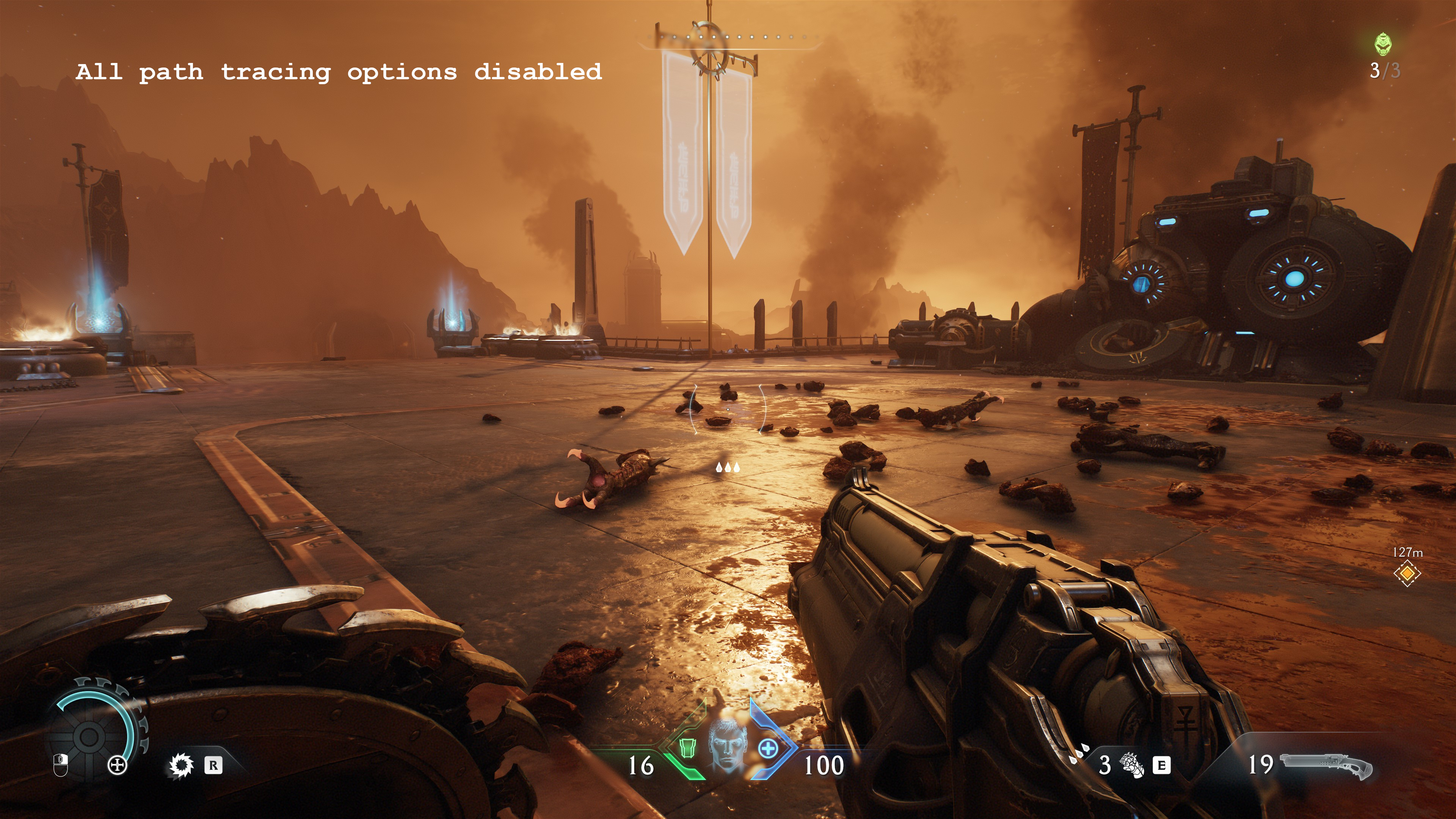 A screenshot of the PC version of Doom: The Dark Ages, showing the visual impact of using standard ray tracing