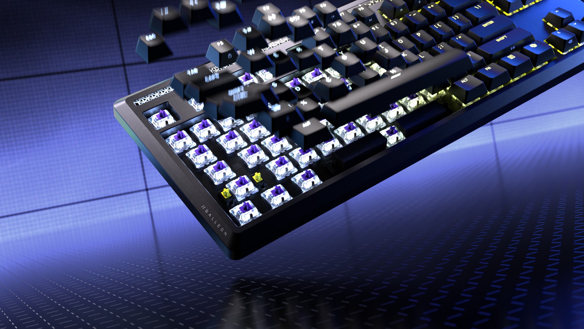 Corsair Galleon 100 SD keyboard graphic showing keycaps being removed from switches