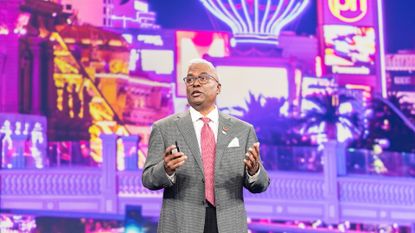 NetApp CEO George Kurian pictured on stage during the opening keynote of NetApp Insight 2026, hosted at the MGM Grand Hotel and Casino in Las Vegas, USA.