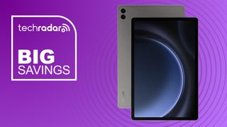 The Samsung Galaxy Tab S9 FE+ back-to-front on a purple background