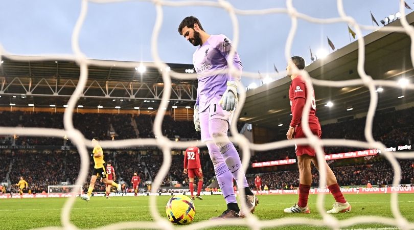 Liverpool goalkeeper Alisson Becker looks dejected after conceding in the Reds&#039; 3-0 defeat to Wolves in the Premier League in February 2023.