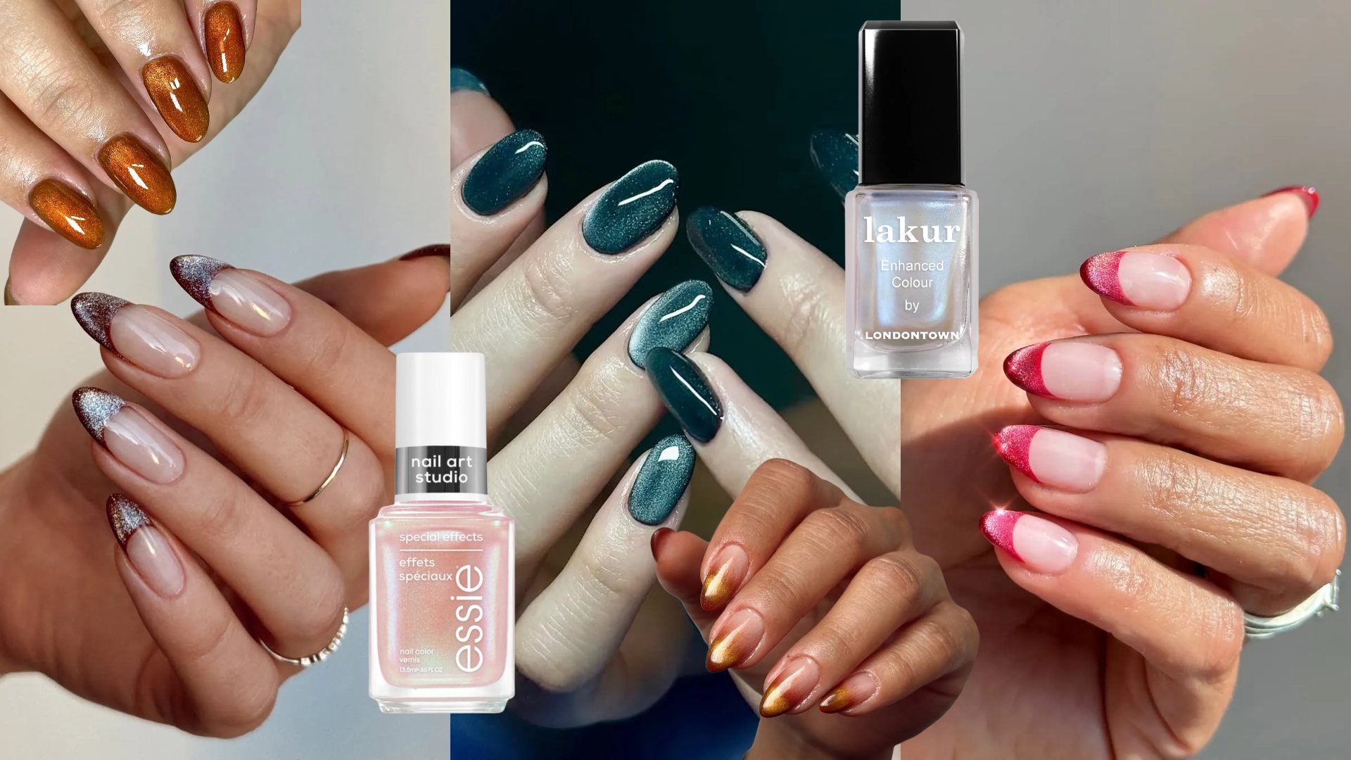 collage of chrome nails on three sets of hands with pink, green, and bronze polishes with two bottles of nail polishes