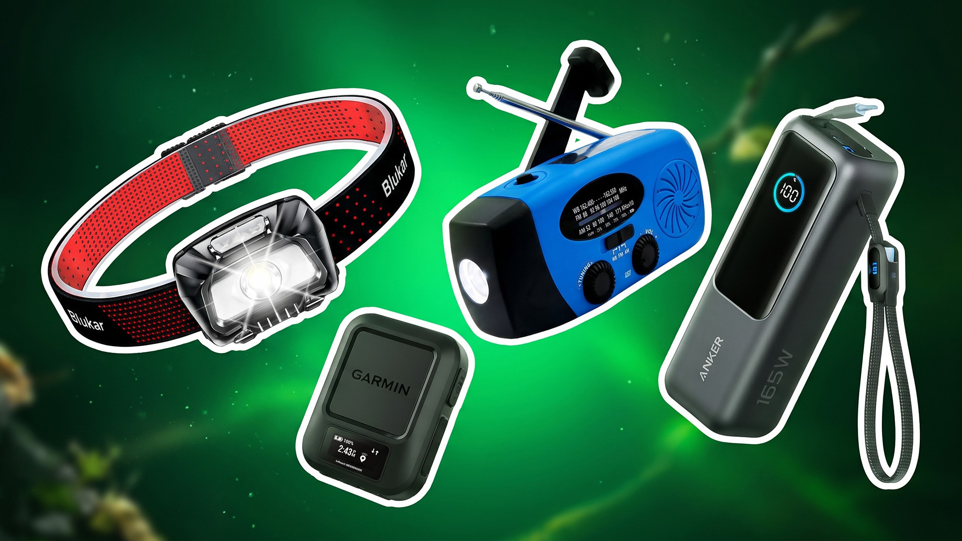 A selection of emergency gear including a power bank, LED headlamp, wind-up radio, and satellite communicator.