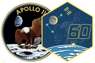 The Expedition 60 crew patch pays tribute to the Apollo 11 mission 50 years after the first moon landing.