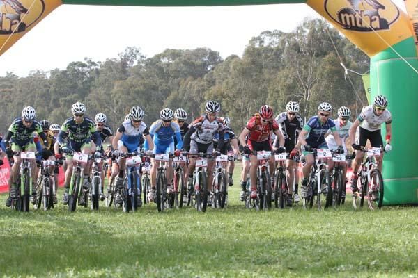 Men's marathon field on the start line.
