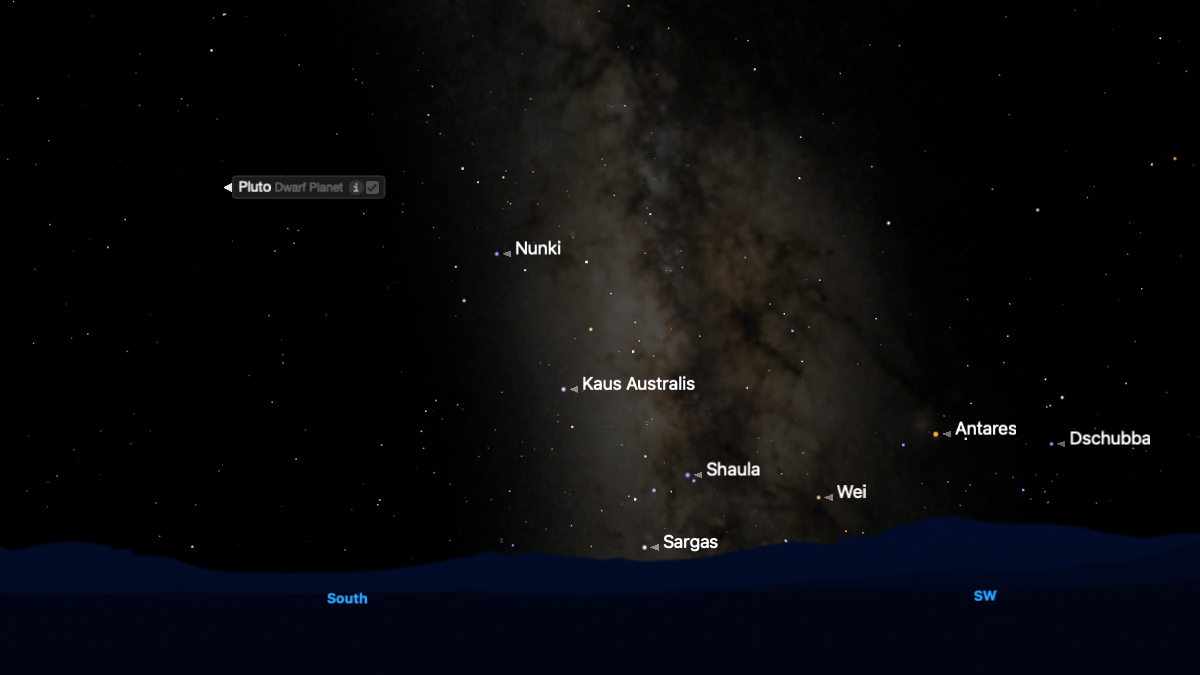 sky map of the night sky showing the location of pluto against the backdrop of the milky way.
