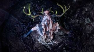 Path of Exile 2: Return of the Ancients trailer screenshot shows a figure with antlers on their head, facing the sky.