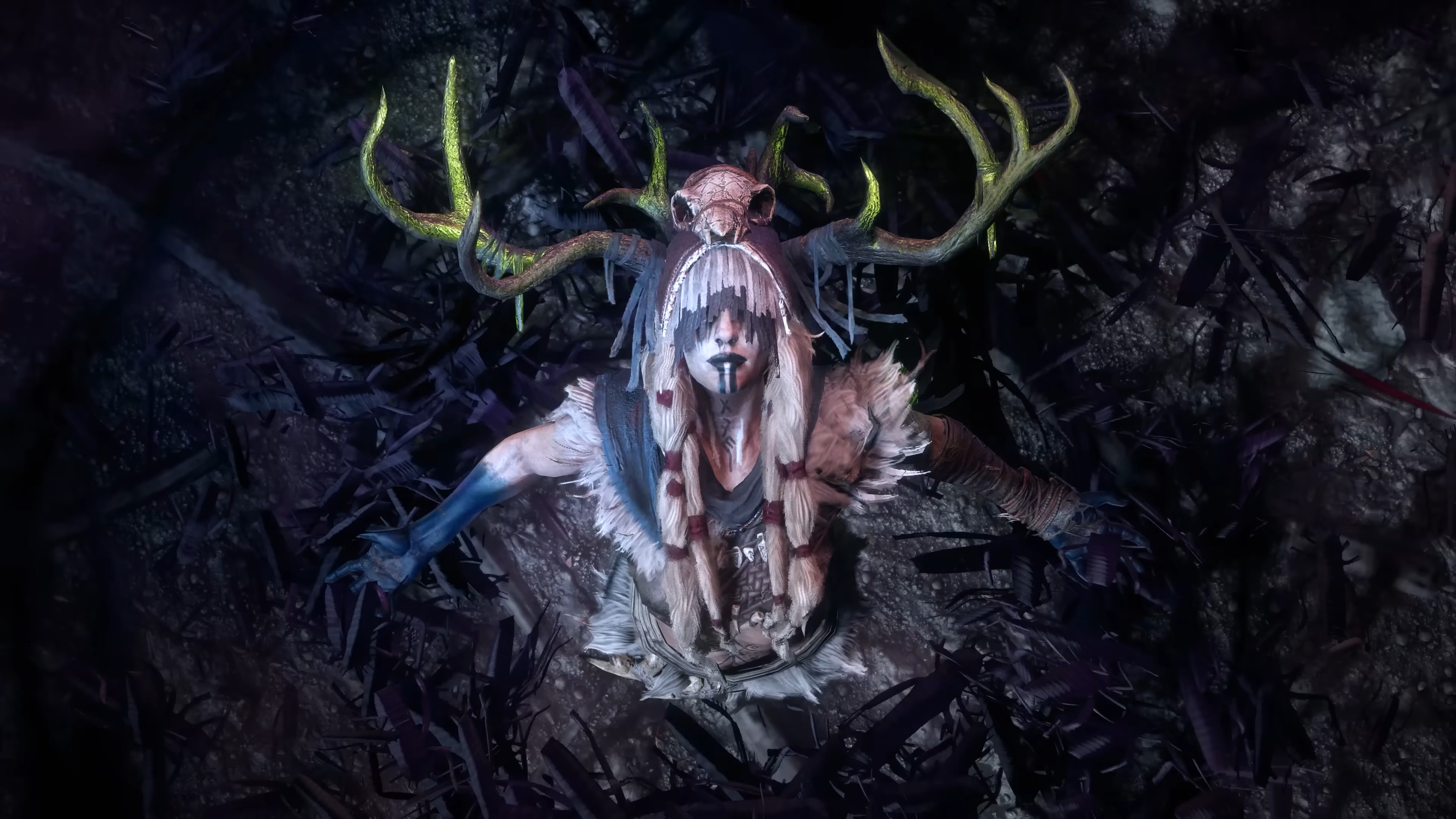 Path of Exile 2: Return of the Ancients trailer screenshot shows a figure with antlers on their head, facing the sky.