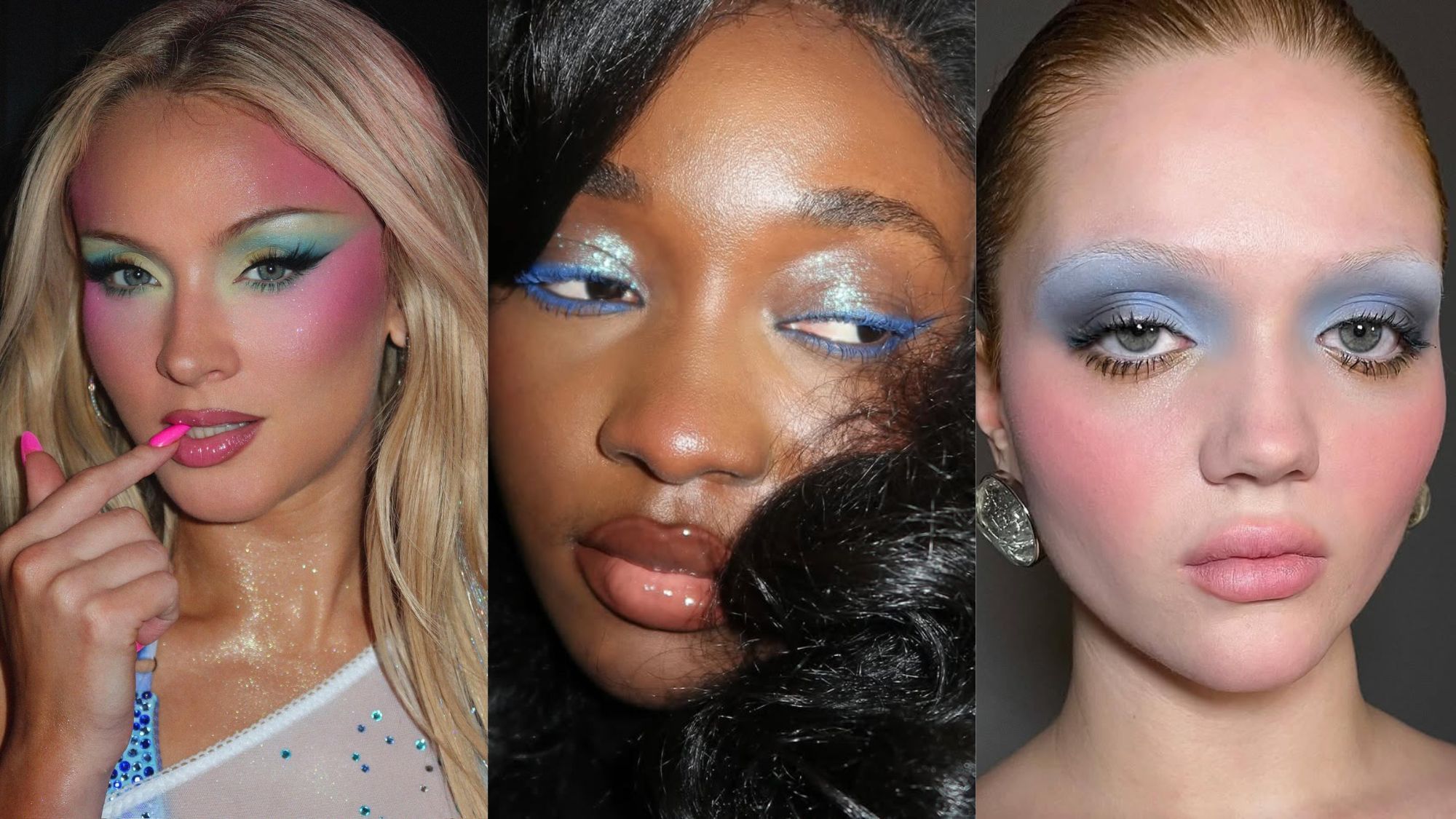 A collage of Zara Larsson and creator-shot photos of maximalist makeup.