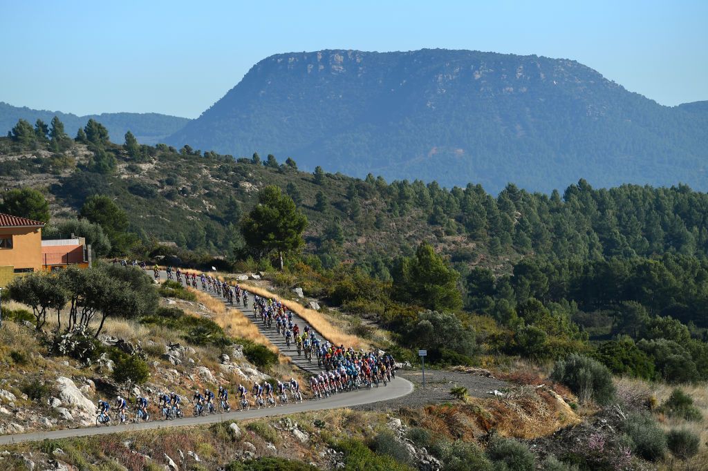 TORRALBA DEL PINAR SPAIN FEBRUARY 02 A general view of the peloton competing during the 73rd Volta A La Comunitat Valenciana 2022 Stage 1 a 1667km stage from Les Alqueries to Torralba Del Pinar 735m VCV2022 on February 02 2022 in Torralba Del Pinar Spain Photo by Dario BelingheriGetty Images