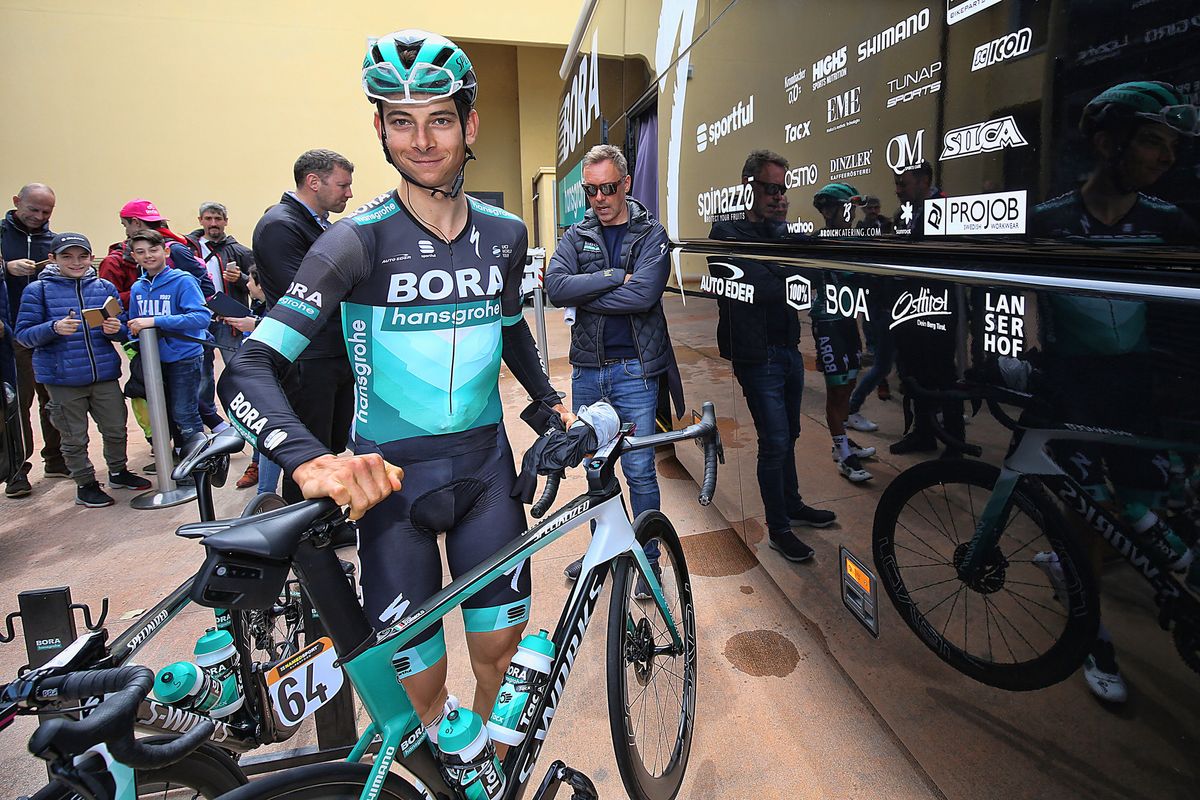 Davide Formolo (Bora-Hansgrohe) outside his team bus in Vinci