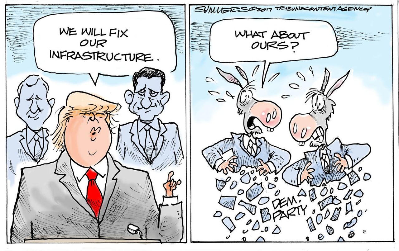 Political Cartoon U.S. Trump fix American infrastructure Democrats fall apart