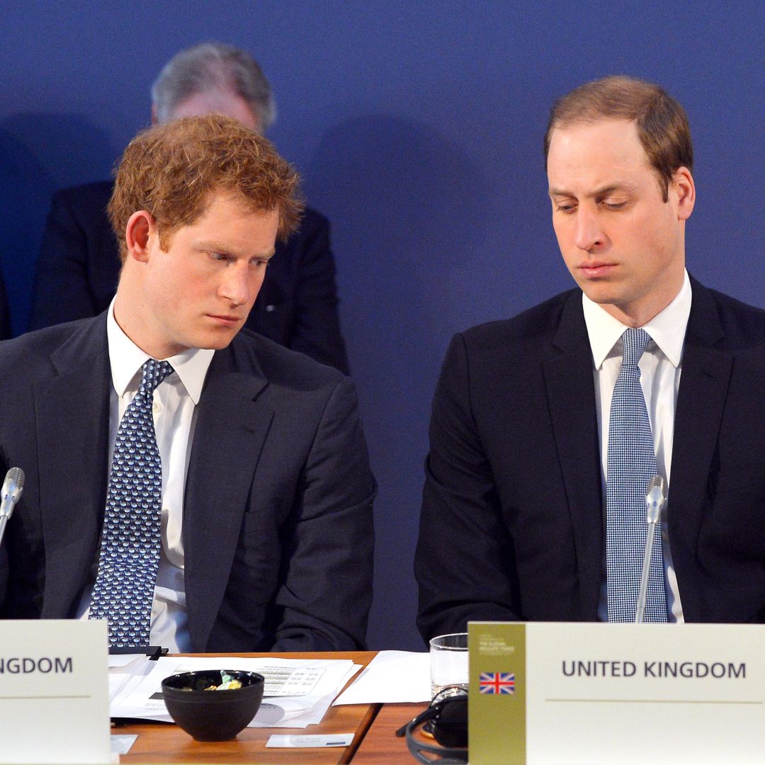 Prince Harry, Prince William, and King Charles look serious while wearing suits in 2014
