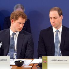 Prince Harry, Prince William, and King Charles look serious while wearing suits in 2014