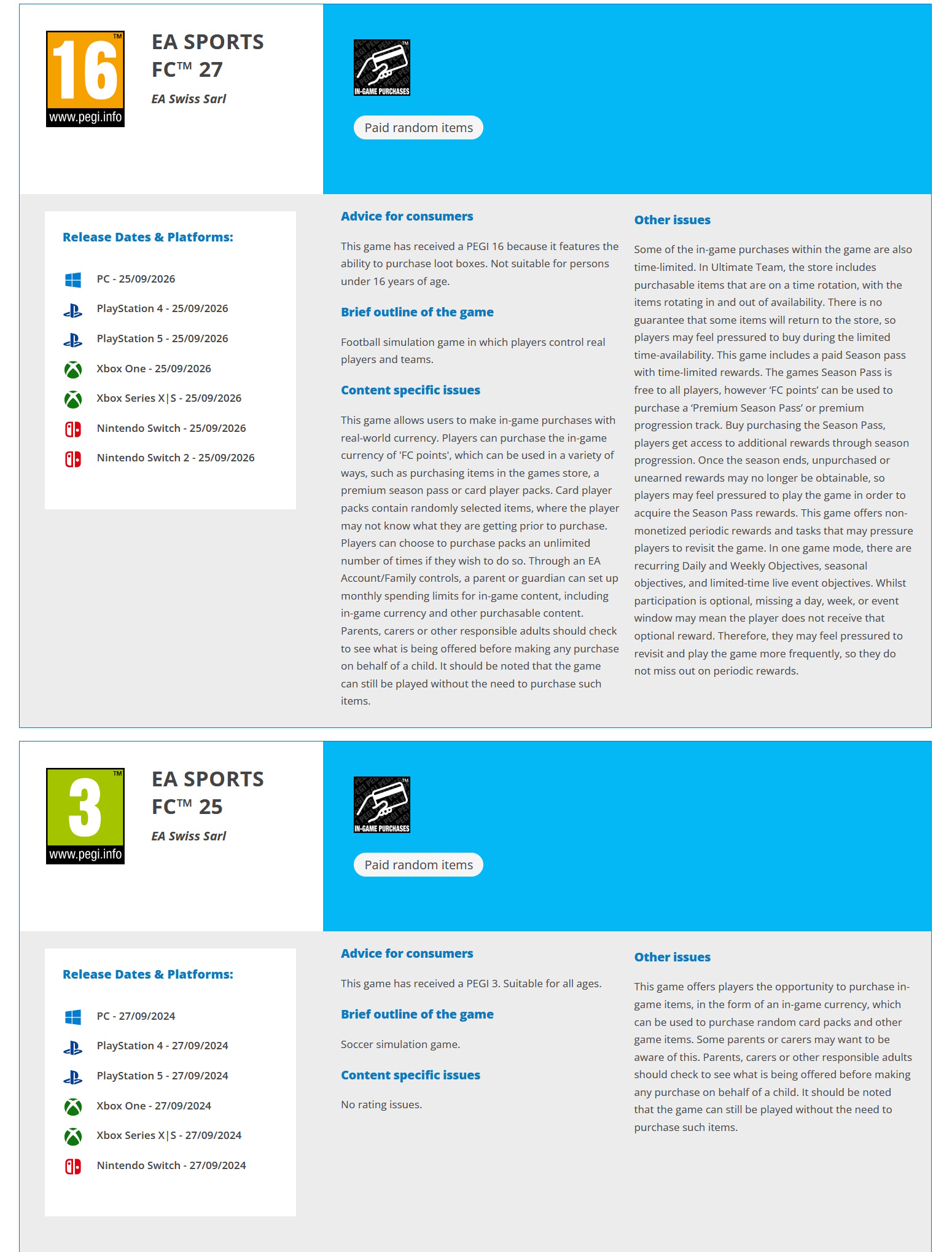 EA Sports FC 27 PEGI 16 rating page above EA Sports FC 25 PEGI 3 rating page
