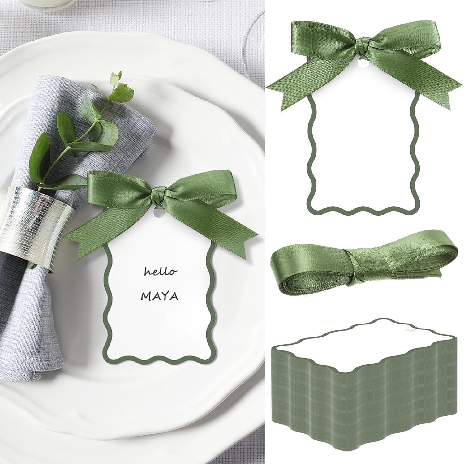 Motimind 200 Pcs Scallop Name Place Cards for Table Setting Diy Wedding Placecards With Ribbon Include 100 Name Table Cards and 100 Ribbon for Weddings Party Celebrations Supplies(sage Green)