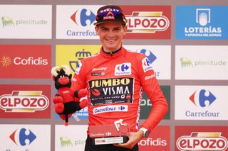 Sepp Kuss in the red jersey at the Vuelta a España