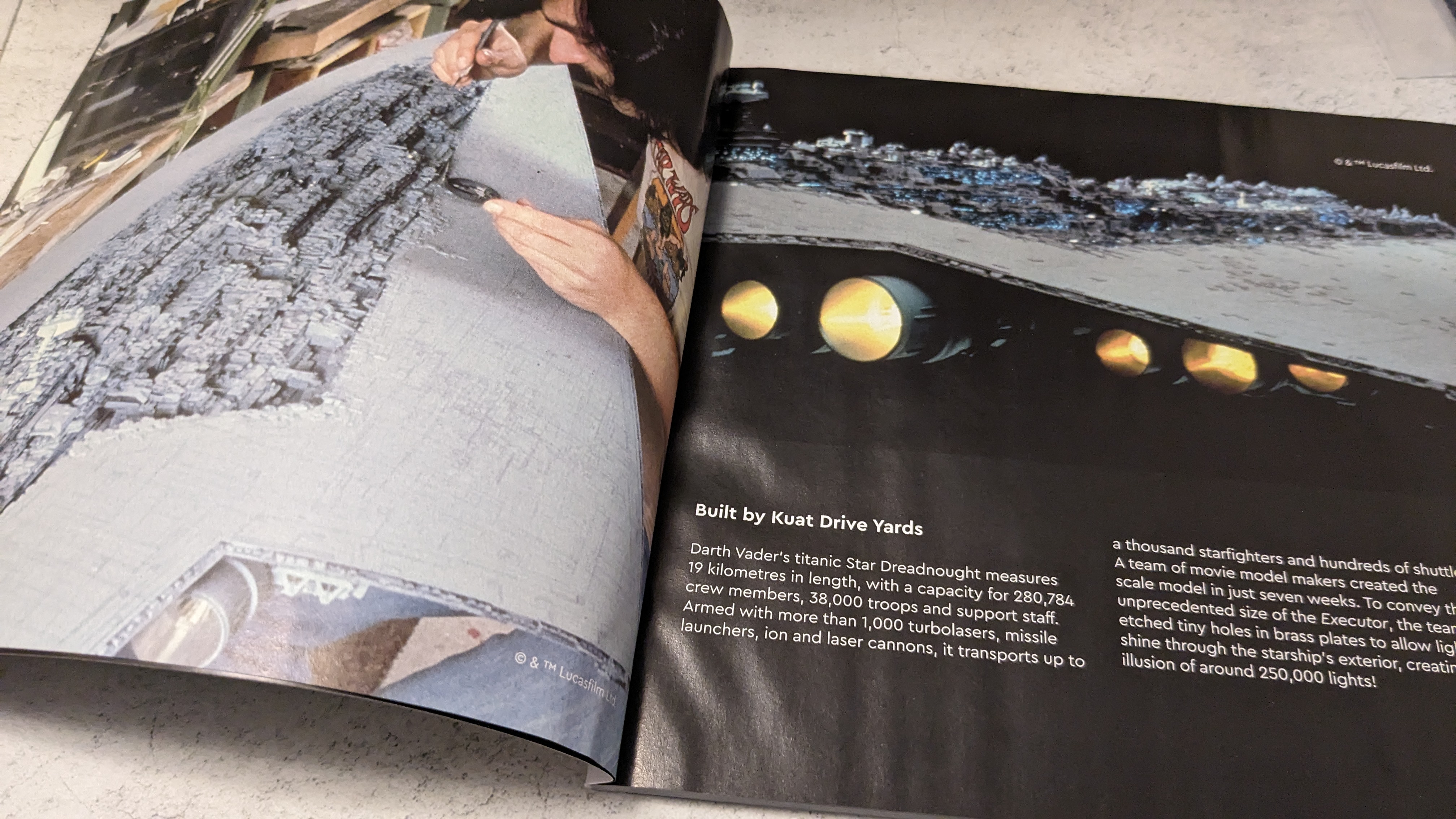 The instruction booklet of the Lego Star Wars Executor Super Star Destroyer, showing information about how the model from the movie was constructed.