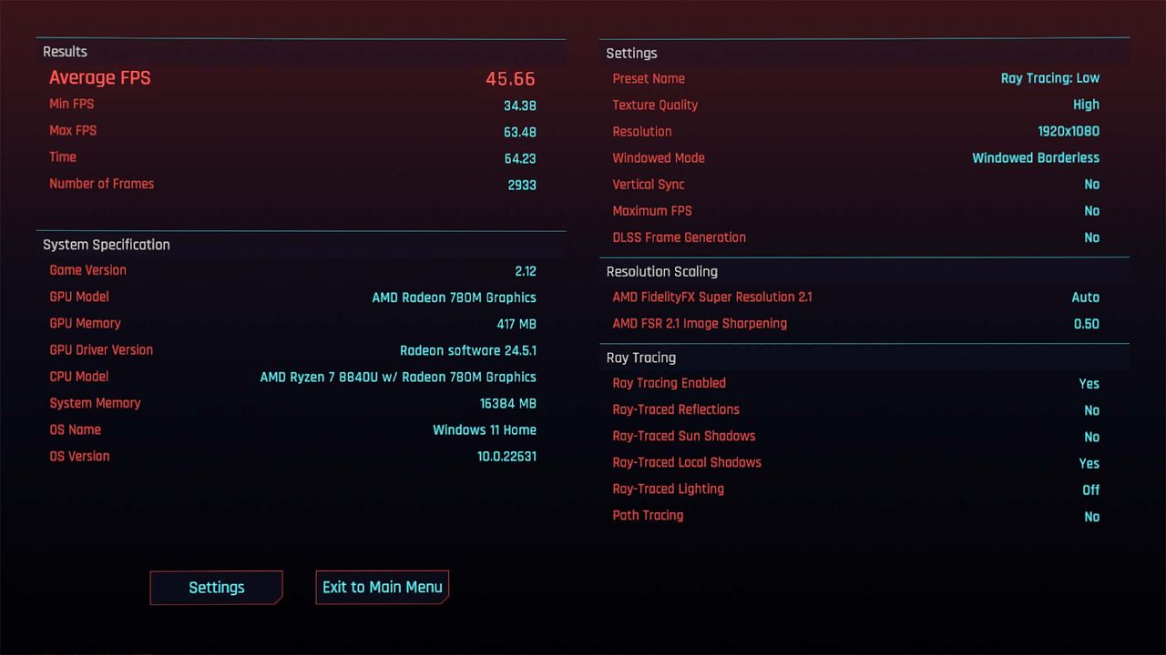 AYANEO Flip DS Ray tracing: Low Cyberpunk 2077 benchmarks.
