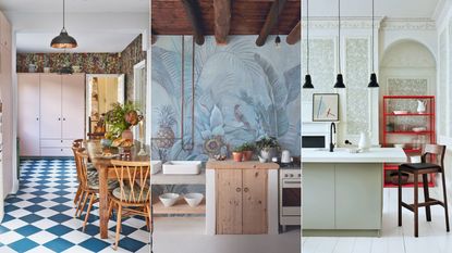 Kitchen wall murals in three different, colorful kitchens