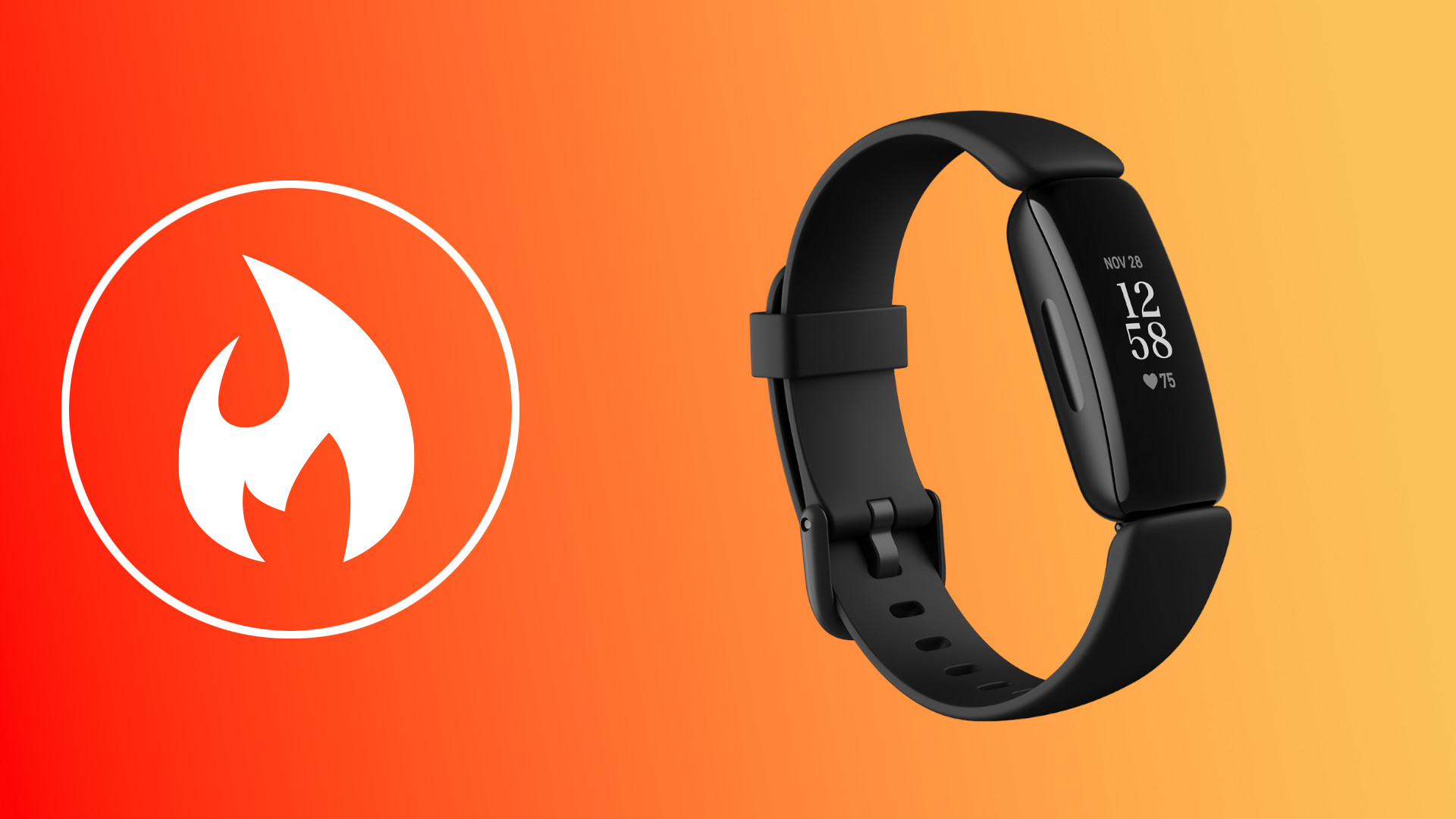 Fitbit Inspire 2 on orange background with flame symbol