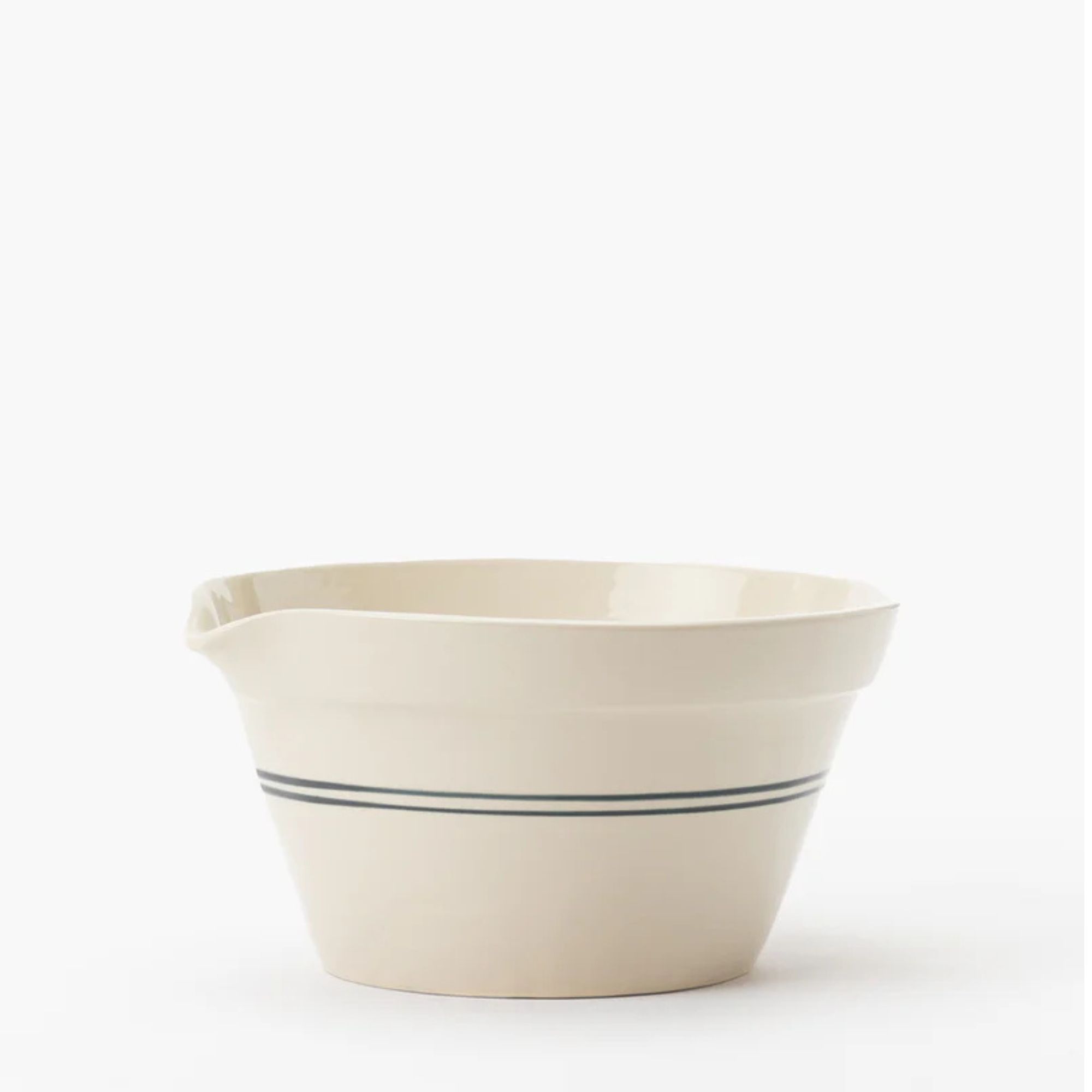Cream ceramic mixing bowl with green stripe and large spout