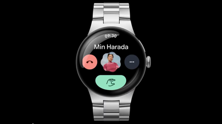 A render of the Pixel Watch 4 showing an incoming phone call screen, with the green Answer button showing a Double Pinch gesture animation.