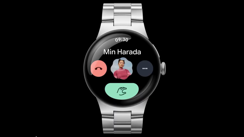 A render of the Pixel Watch 4 showing an incoming phone call screen, with the green Answer button showing a Double Pinch gesture animation.