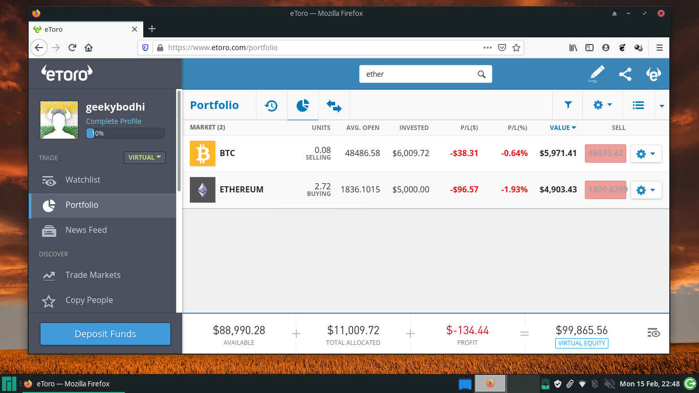 Screenshot of the eToro trading platform