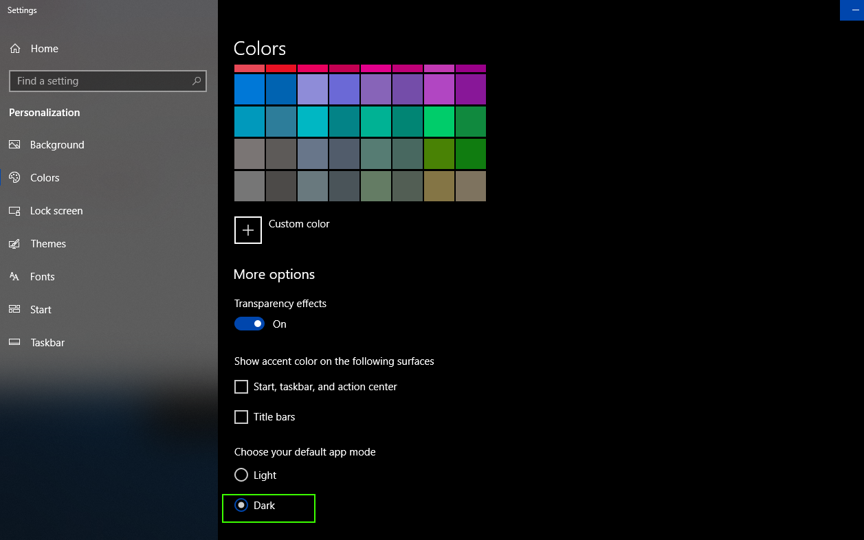 Turning on Dark Mode in Windows 10