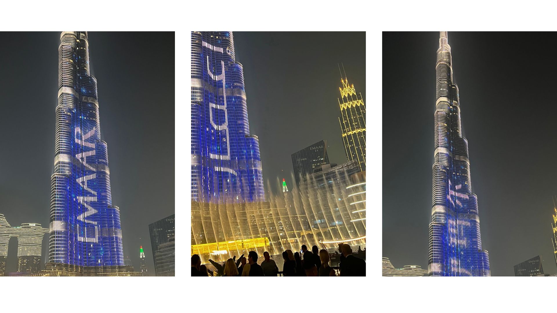 three images of the Burj Khalifa light show in Dubai