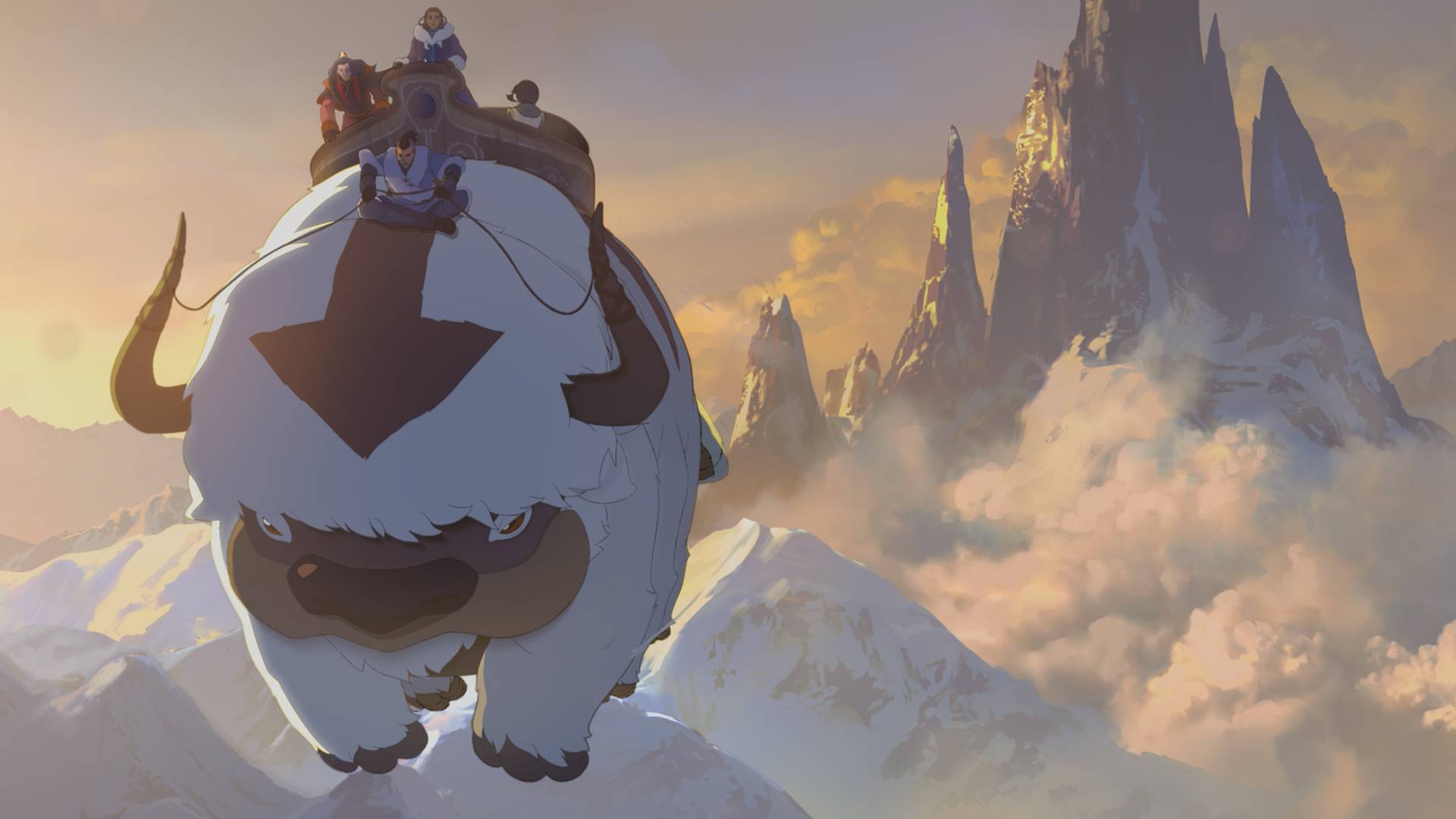 The gaang riding Appa in Avatar Aang: The Last Airbender