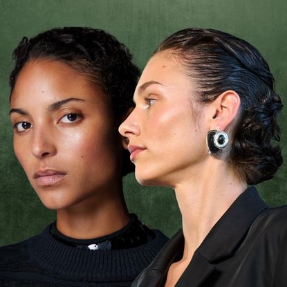 two women with glowing skin on a green background