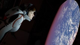 Deliver Us Mars - an astronaut looks through the glass at Earth