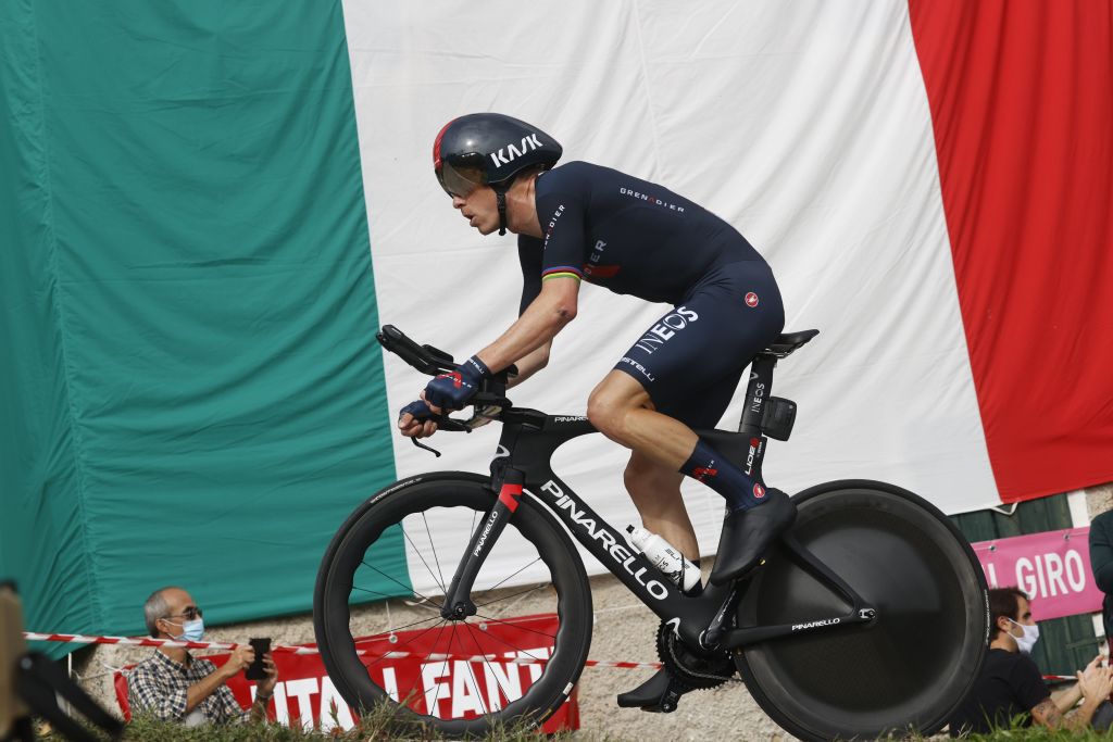 Team Ineos rider Australias Rohan Dennis rides during the fourteenth stage of the Giro dItalia 2020 cycling race a 341kilometer individual time trial between Conegliano and Valdobbiadene on October 17 2020 Photo by Luca Bettini AFP Photo by LUCA BETTINIAFP via Getty Images