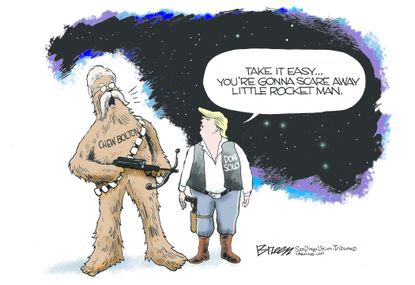 Political cartoon U.S. Trump Kim Jong-Un North Korea summit John Bolton Chewbacca Han Solo Star Wars
