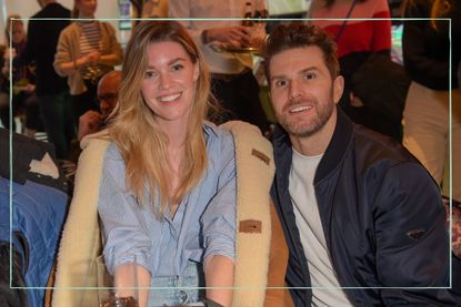 a medium shot of comedian Joel Dommett and wife Hannah Cooper sat down