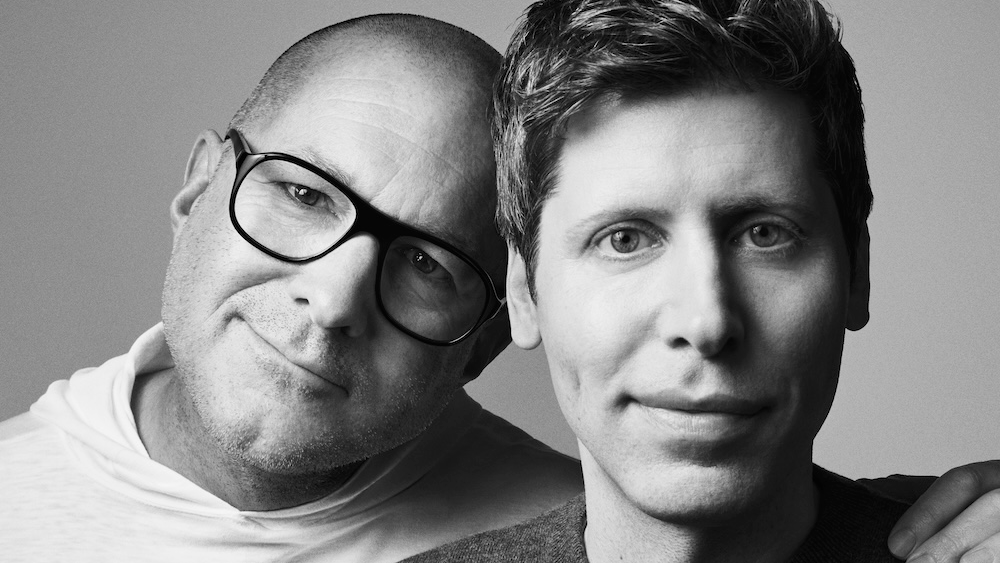 Jony Ive and Sam Altman black and white photo. The two are very close to each other and Ive has his arm around Sam's shoulder. The photo is closely cropped around their faces.