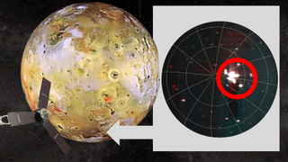 An image shows Io and the Juno spacecraft with a top down view of its south pole and the solar system's biggest record volcanic eruption 