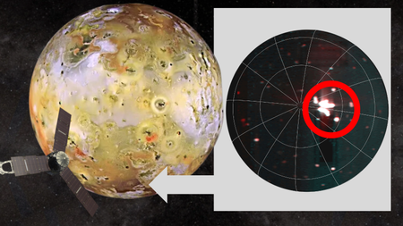 An image shows Io and the Juno spacecraft with a top down view of its south pole and the solar system's biggest record volcanic eruption 