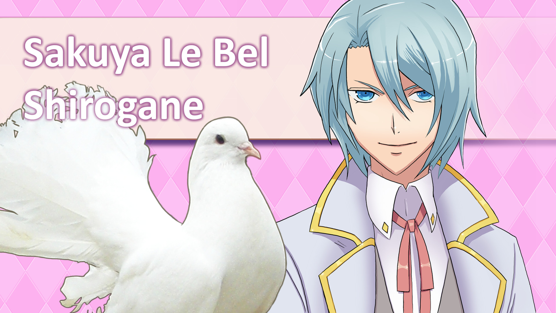 a dove posing on the left side and a beautiful blue haired man on the right side