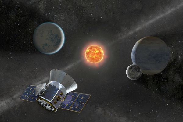 Artist&#039;s illustration showing NASA&#039;s Transiting Exoplanet Survey Satellite (TESS) hunting for alien planets. A team that includes two high schoolers recently used TESS data to discover four exoplanets.