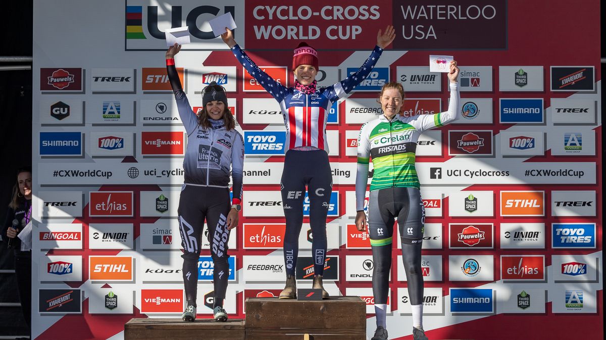 Women's Podium - Clara Honsinger (EF Education-TIBCO-Svb) 1st, Helene Clauzel (AS Bike Racing) 2nd, Manon Bakker (Crelan-Fristads) 3rd.
