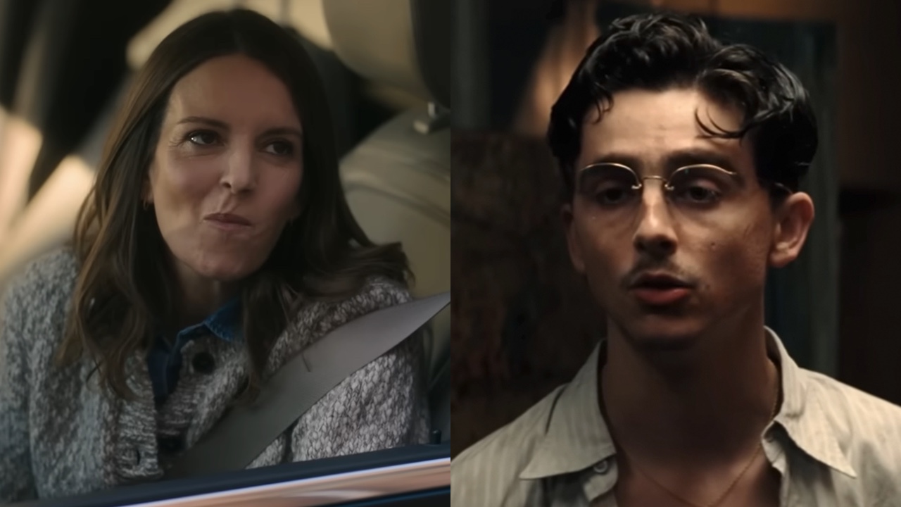 Kate (Tina Fey) looks annoyed, while Marty Mouser (Timoth&eacute;e Chalamet) looks confused.