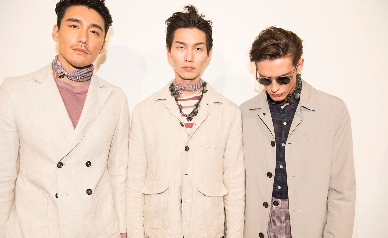 Oliver Spencer S/S 2019 - Models wear seersucker button-up suits in pale tones